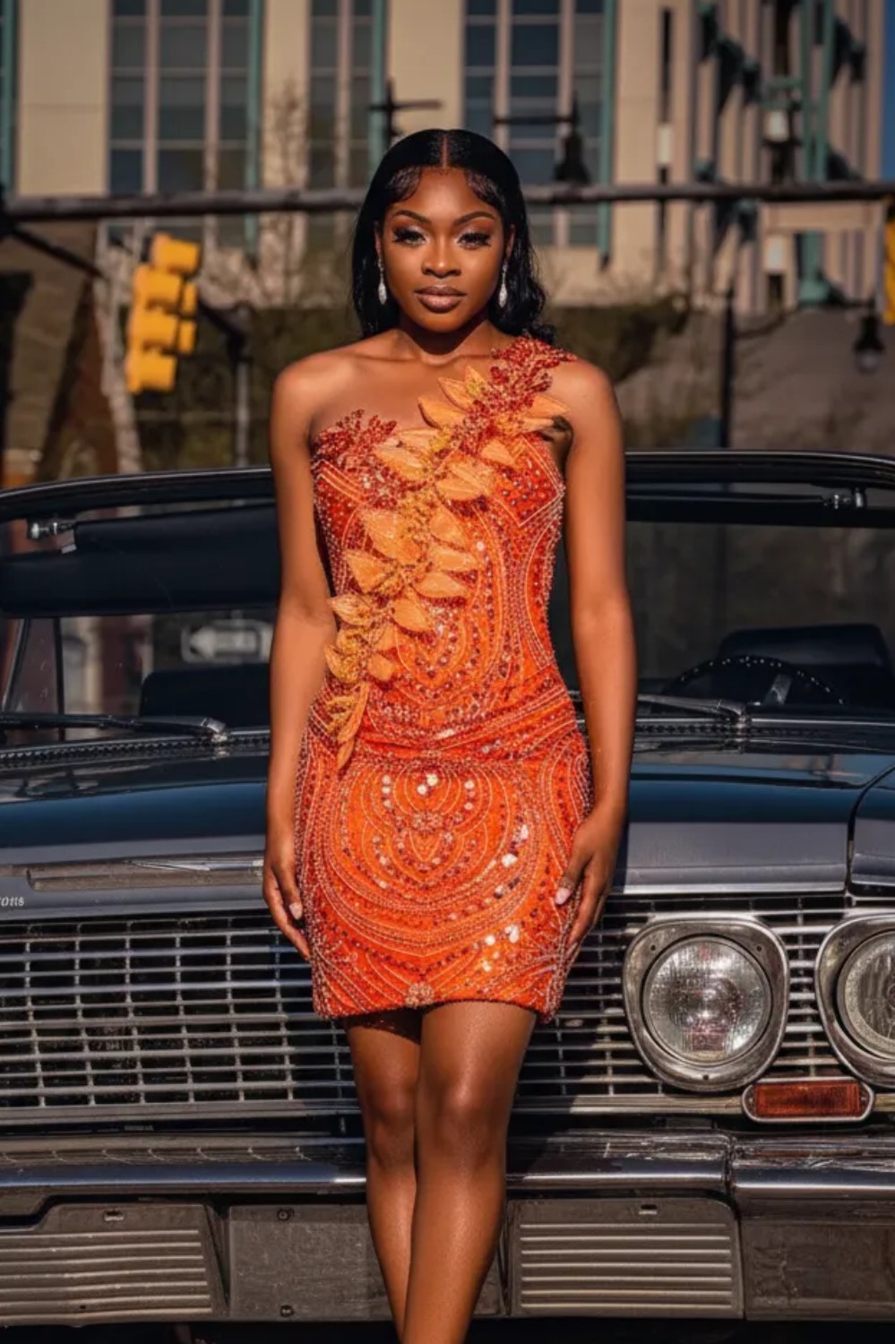 Orange Sequin Beaded 3D Floral One-Shoulder Mini Homecoming Dress | Short Party Dress HC061