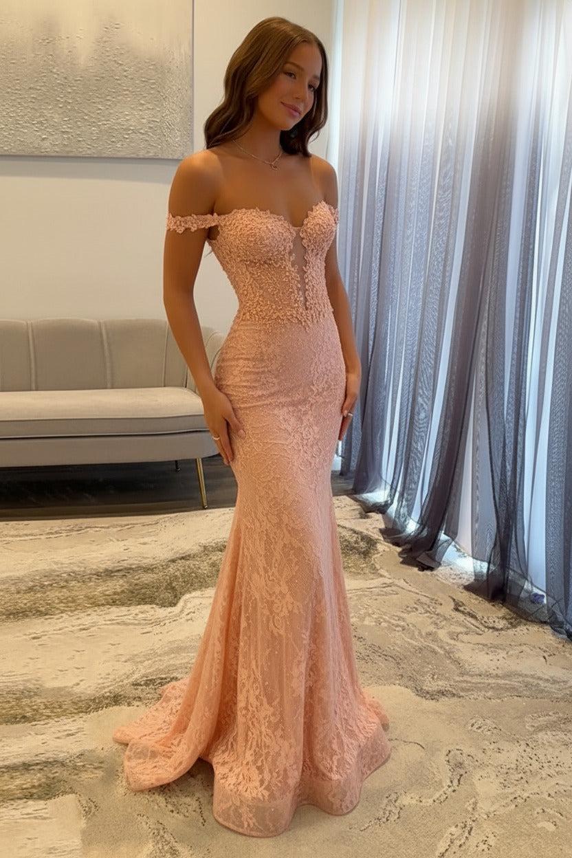 Navy Prom Dress Off The Shoulder Mermaid Long Lace Formal Dress-LLELLA