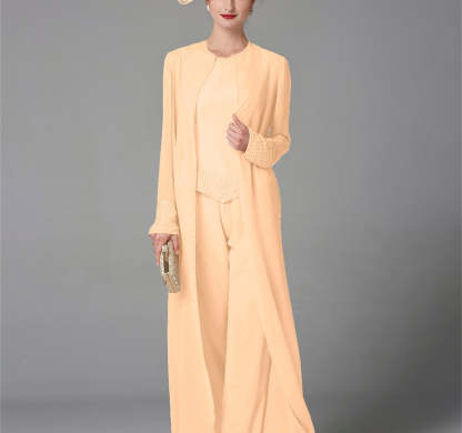 Long-Sleeve Chiffon Mother of the Bride Pantsuit with Jacket and Sequins-LLELLA