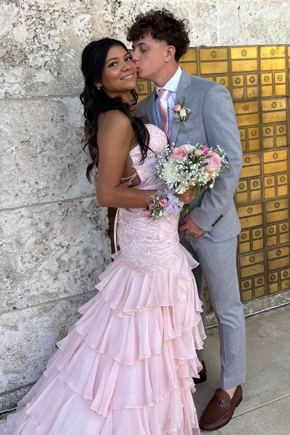 Sparkly Lilac Lace Appliques Sheath Tiered Long Chiffon Prom Dress with Slit-LLELLA