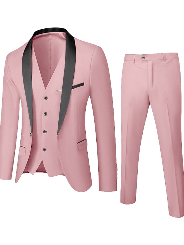 Men's Standard Fit Single Breasted One-button 3 Pieces Wedding Suits Pink