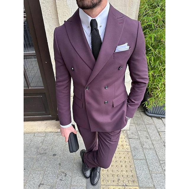 Men's Tailored Fit Double Breasted Six-buttons 2 Pieces Solid Colored Wedding Suits Purple