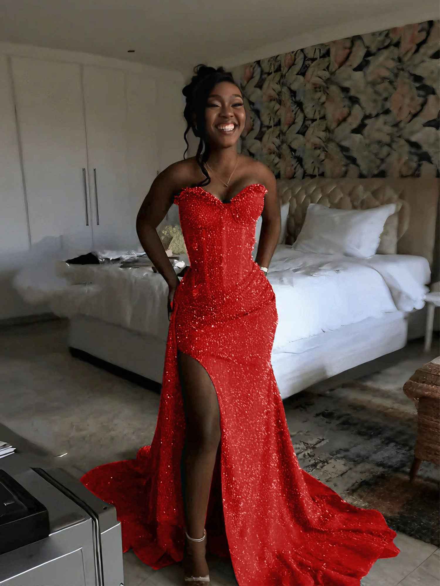 Glitter Strapless Mermaid Sequined Long Prom Dress with Slit-LLELLA