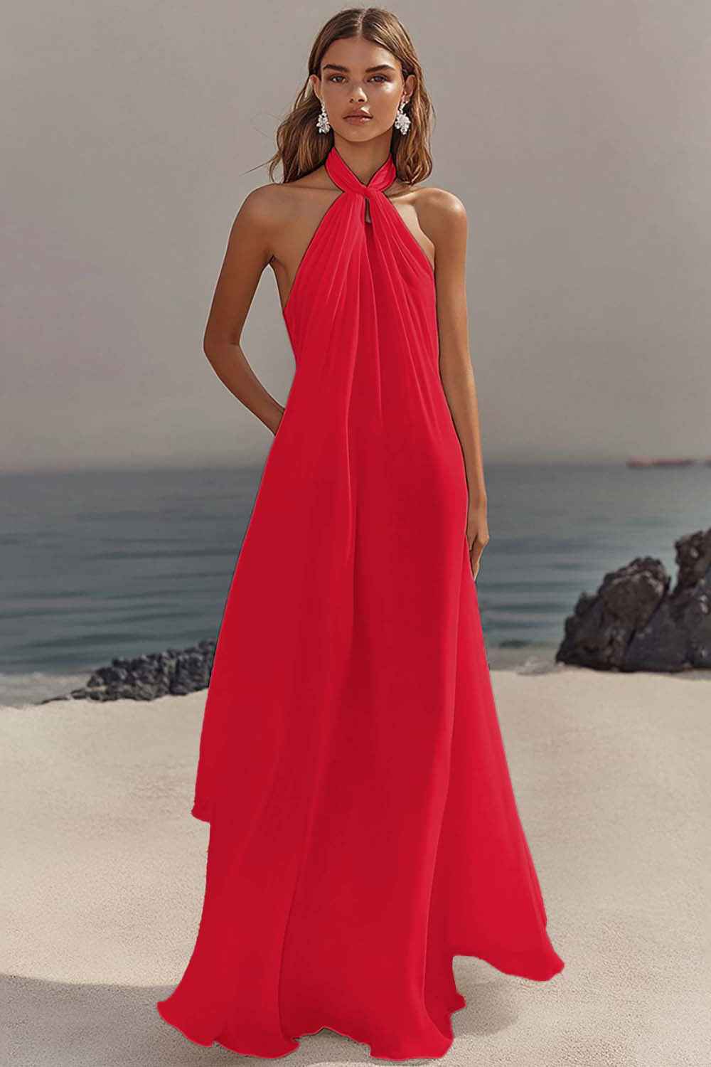 Flowy Sky Blue Chiffon A Line Halter Backless Long Prom Dress-LLELLA