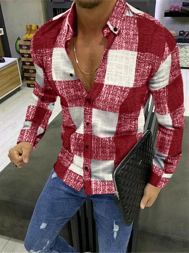 Men's Casual Cotton Blend Long Sleeves Plaid Color Block Shirt Red