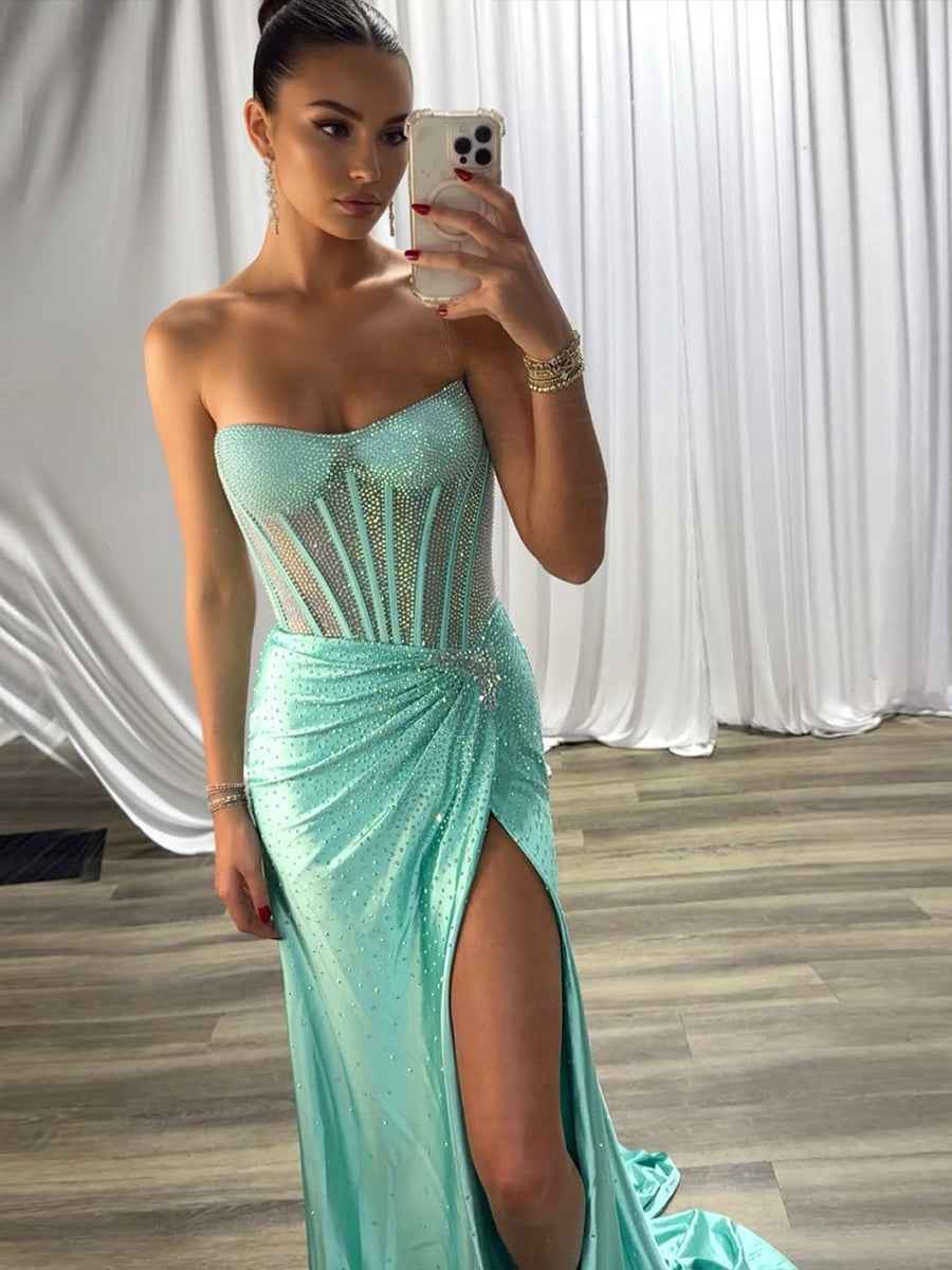 Red Mermaid Strapless Corset Beaded Prom Dress with Slit-LLELLA