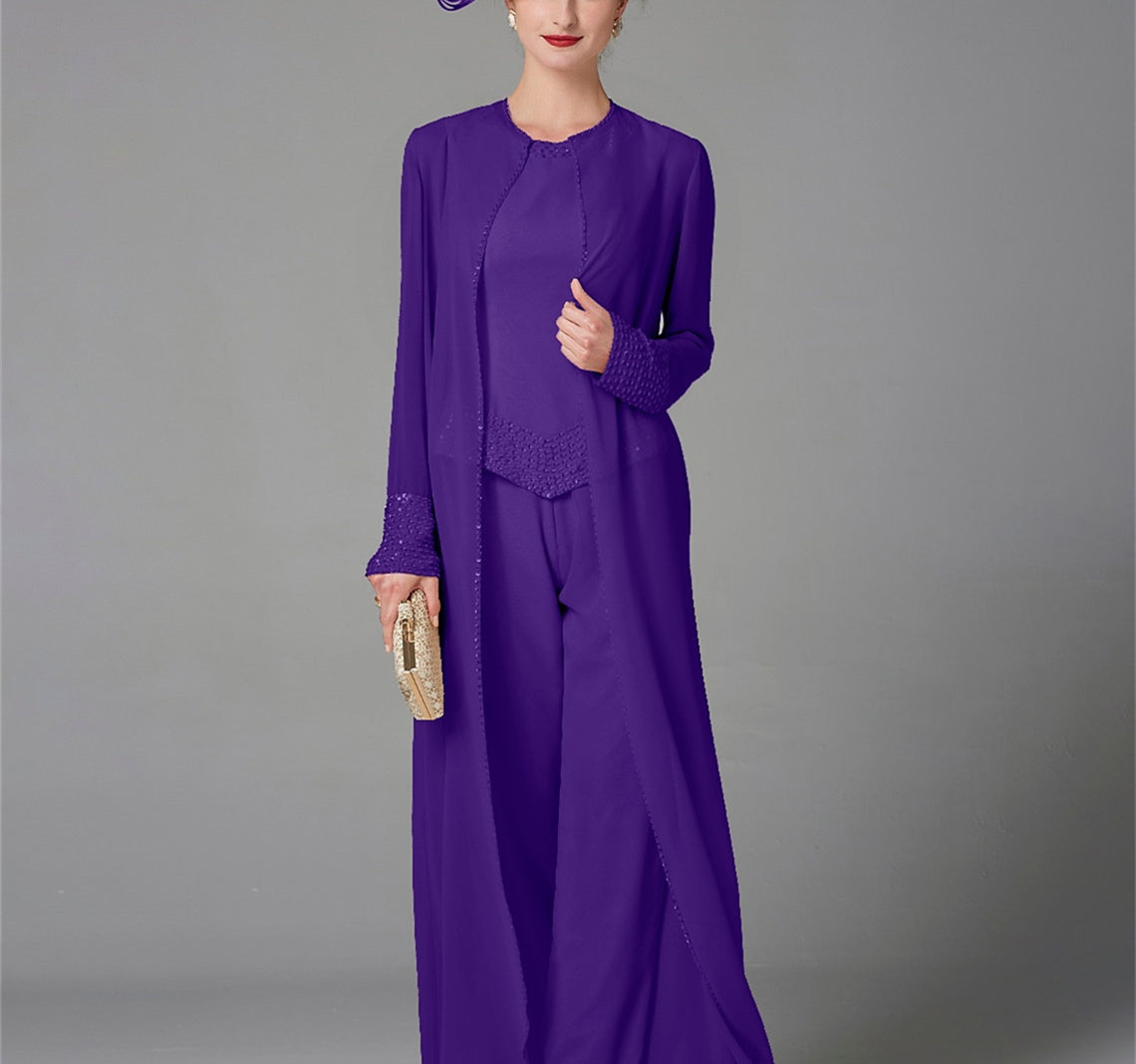Long-Sleeve Chiffon Mother of the Bride Pantsuit with Jacket and Sequins-LLELLA