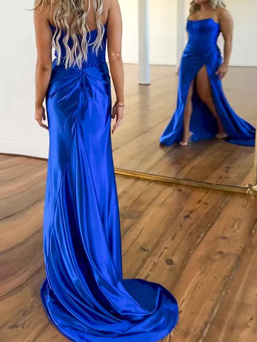 Royal Blue Strapless Beaded Corset Satin Prom Dress with Slit
