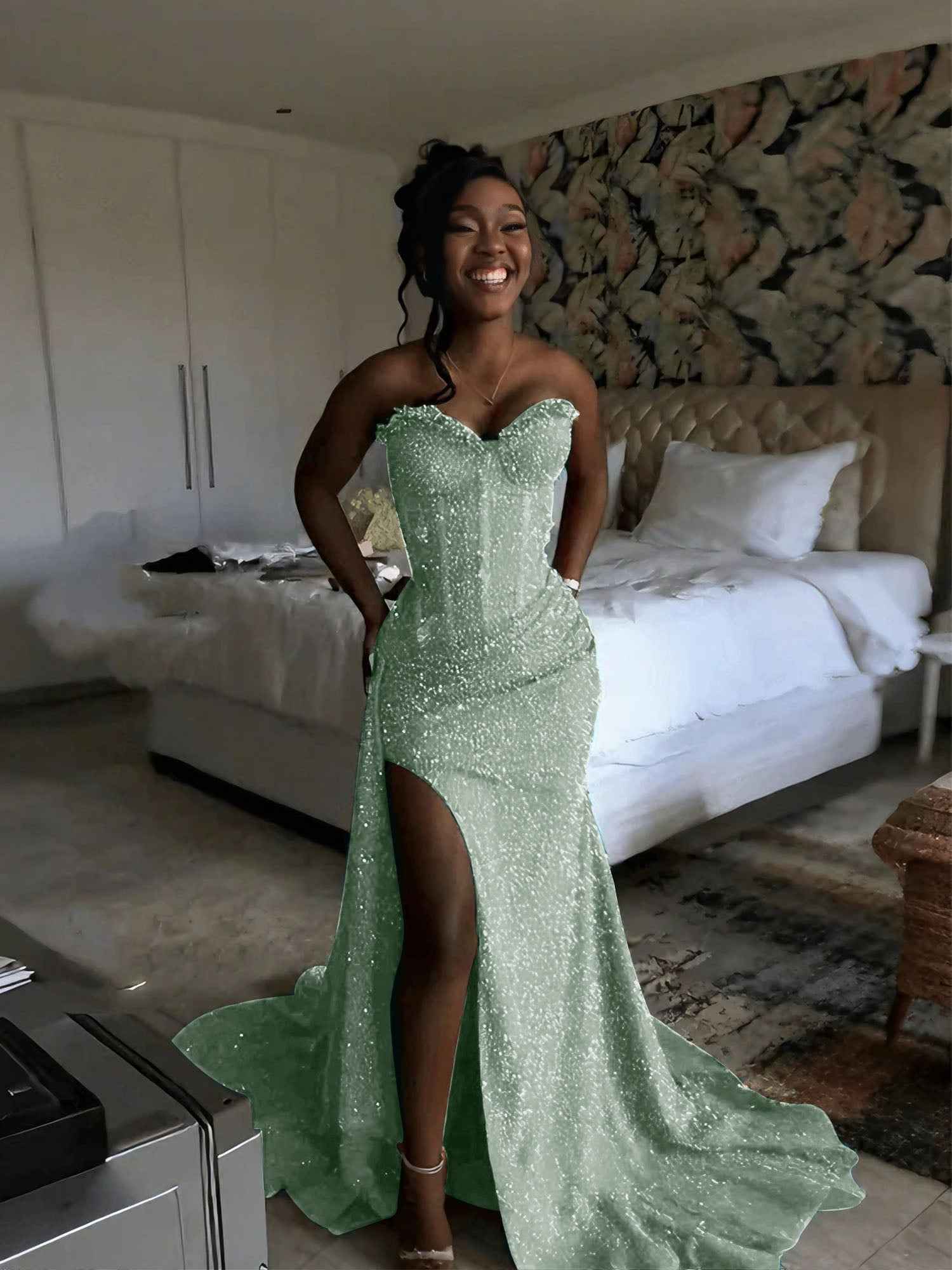 Glitter Strapless Mermaid Sequined Long Prom Dress with Slit-LLELLA
