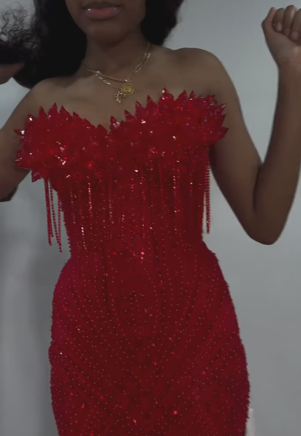 The Ruby Heiress - 2026 Hand-Beaded Crimson Mermaid Gown with Matching Crystal-Encrusted Hooded Veil-LLELLA