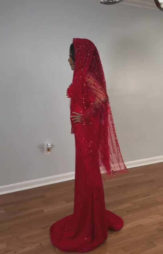 The Ruby Heiress - 2026 Hand-Beaded Crimson Mermaid Gown with Matching Crystal-Encrusted Hooded Veil