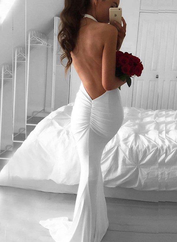 Trumpet/Mermaid Halter Floor-length Wedding Dress Ivory