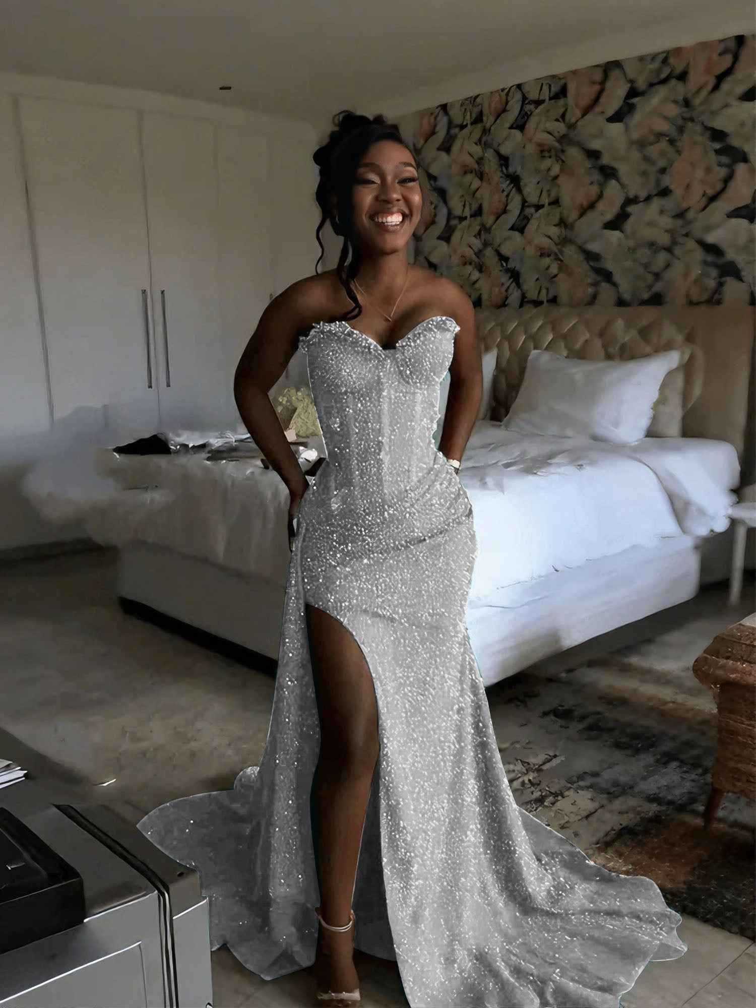 Glitter Strapless Mermaid Sequined Long Prom Dress with Slit-LLELLA