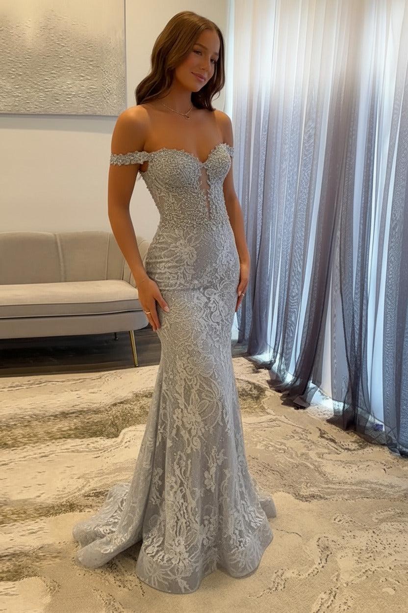 Navy Prom Dress Off The Shoulder Mermaid Long Lace Formal Dress-LLELLA