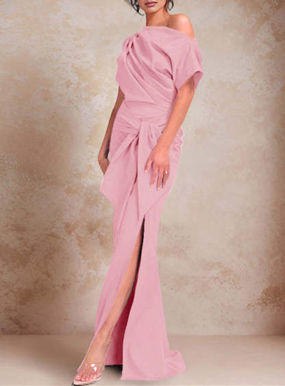 One-Shoulder Ruffled Floor-Length Trumpet Gown for the Mother of the Bride-LLELLA