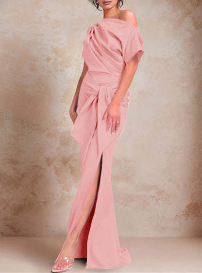 One-Shoulder Ruffled Floor-Length Trumpet Gown for the Mother of the Bride-LLELLA