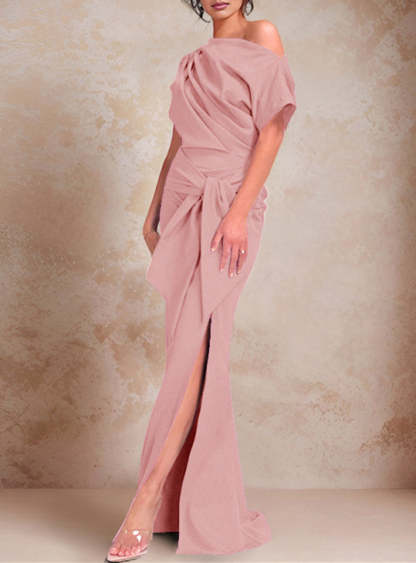 One-Shoulder Ruffled Floor-Length Trumpet Gown for the Mother of the Bride-LLELLA