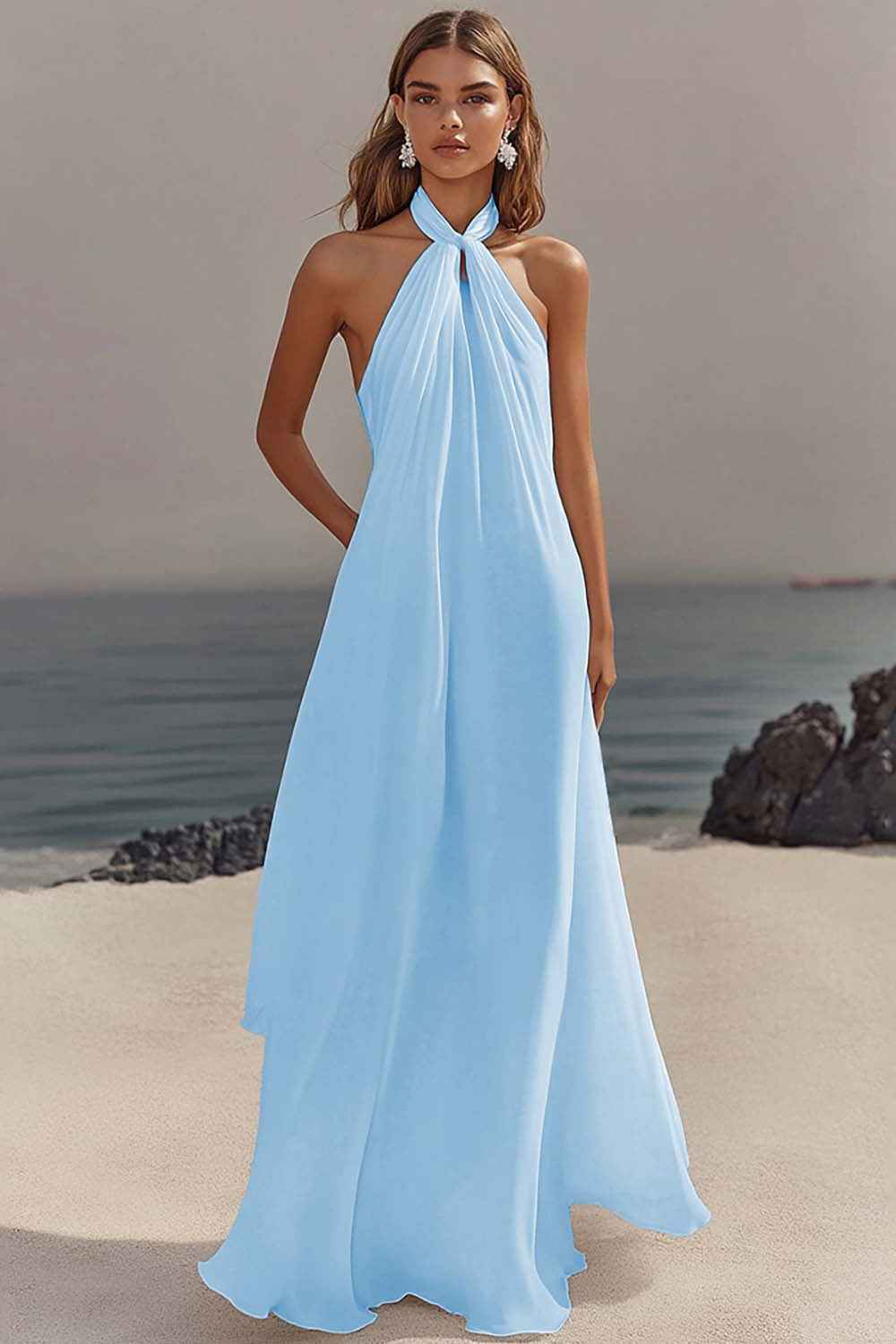 Flowy Sky Blue Chiffon A Line Halter Backless Long Prom Dress-LLELLA