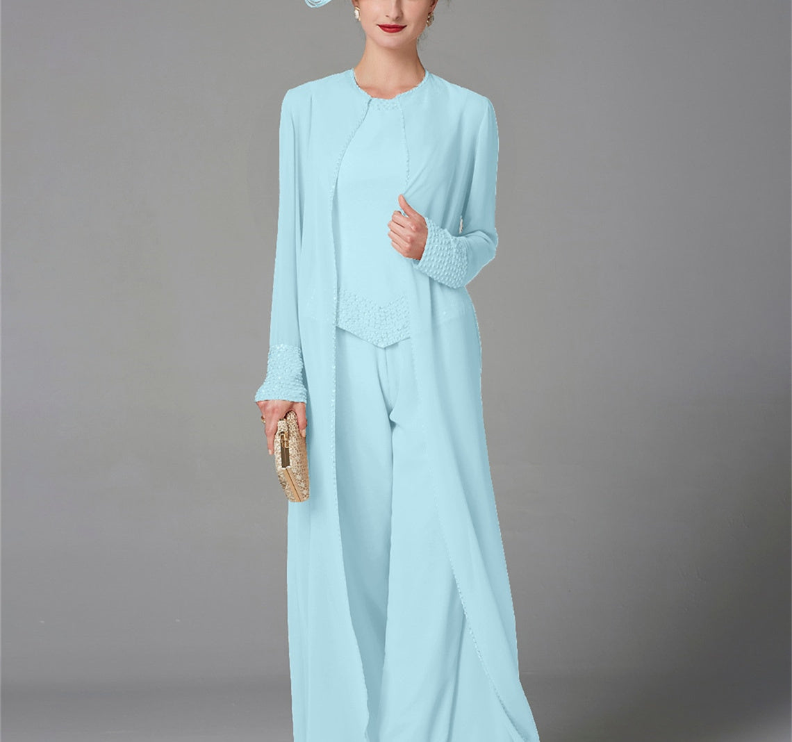 Long-Sleeve Chiffon Mother of the Bride Pantsuit with Jacket and Sequins-LLELLA