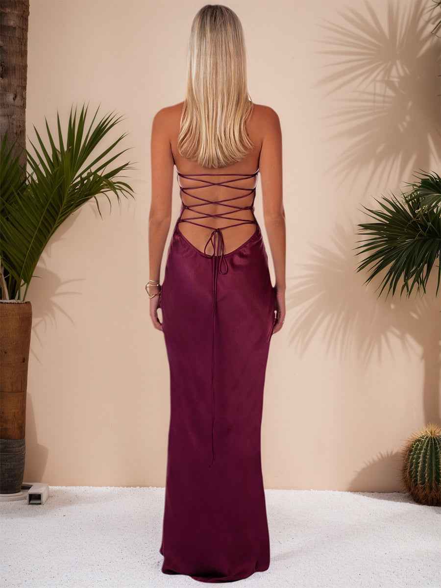 Spaghetti Straps Lace Up Satin Long Prom Dress-LLELLA