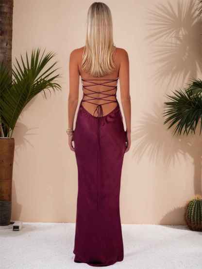 Spaghetti Straps Lace Up Satin Long Prom Dress