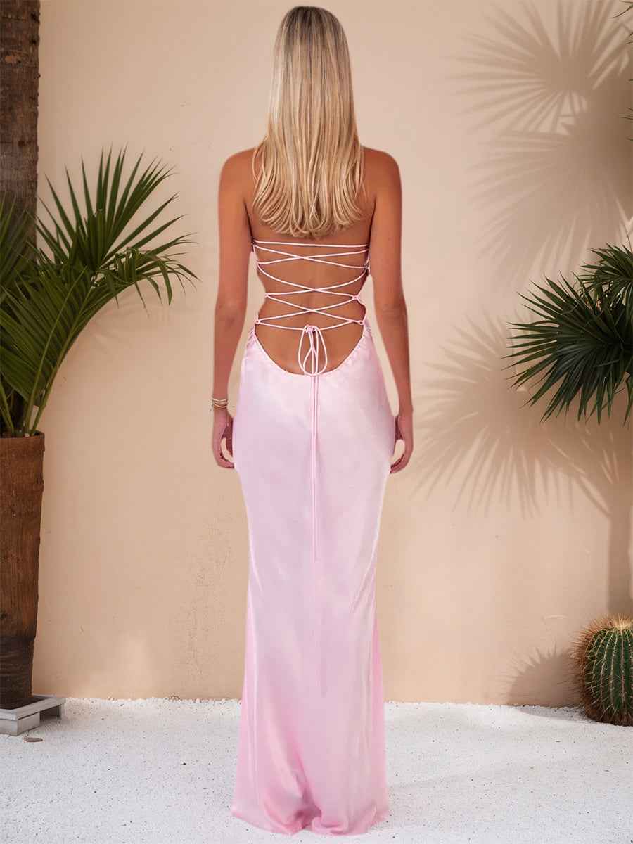 Spaghetti Straps Lace Up Satin Long Prom Dress-LLELLA