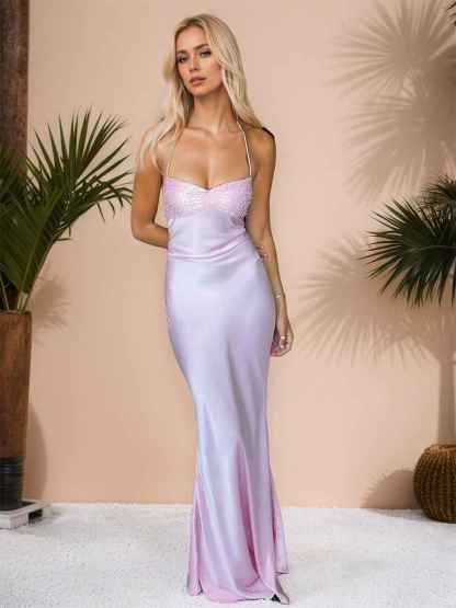 Spaghetti Straps Lace Up Satin Long Prom Dress