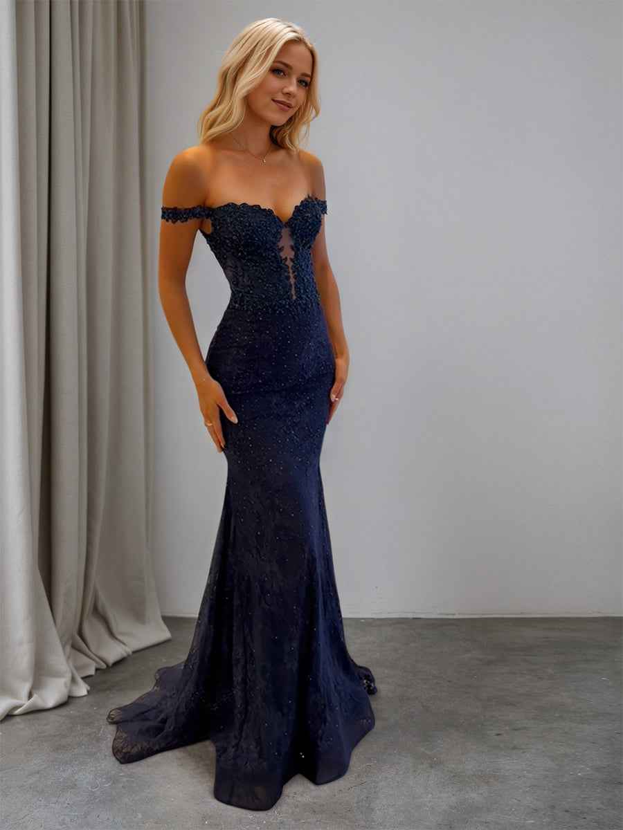 Sparkly Off the Shoulder Mermaid Corset Long Prom Dress-LLELLA