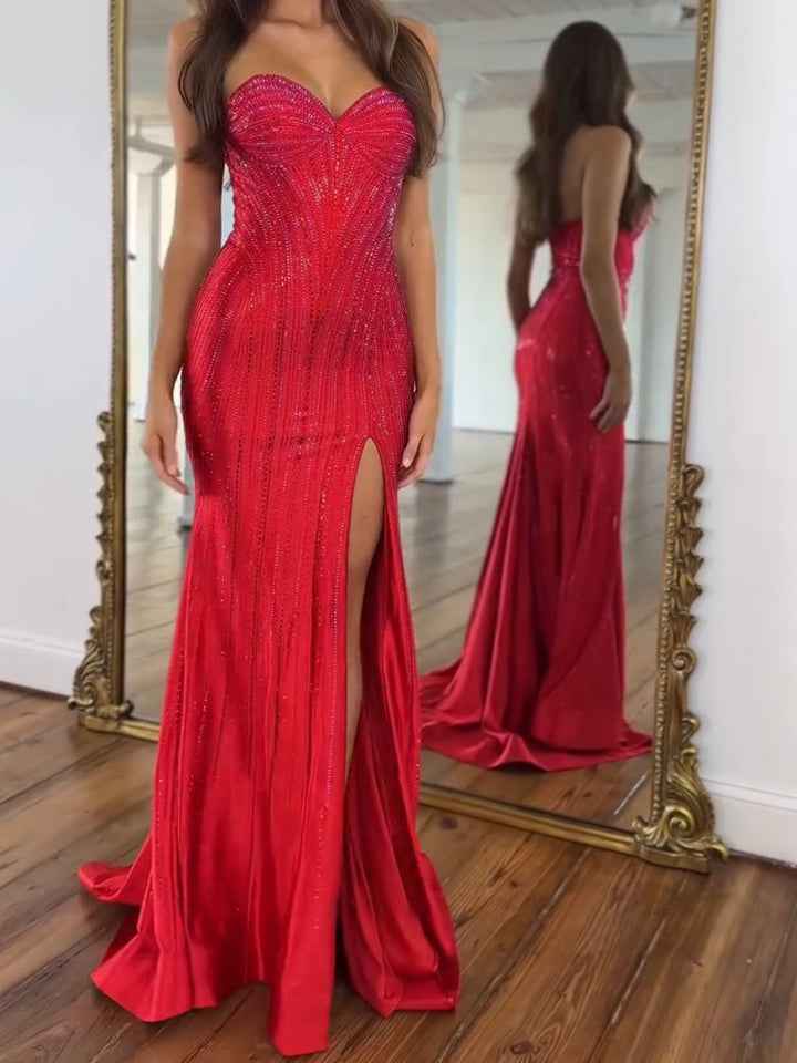 Navy Blue Strapless Sequin Prom Dress with Linear Beading-LLELLA