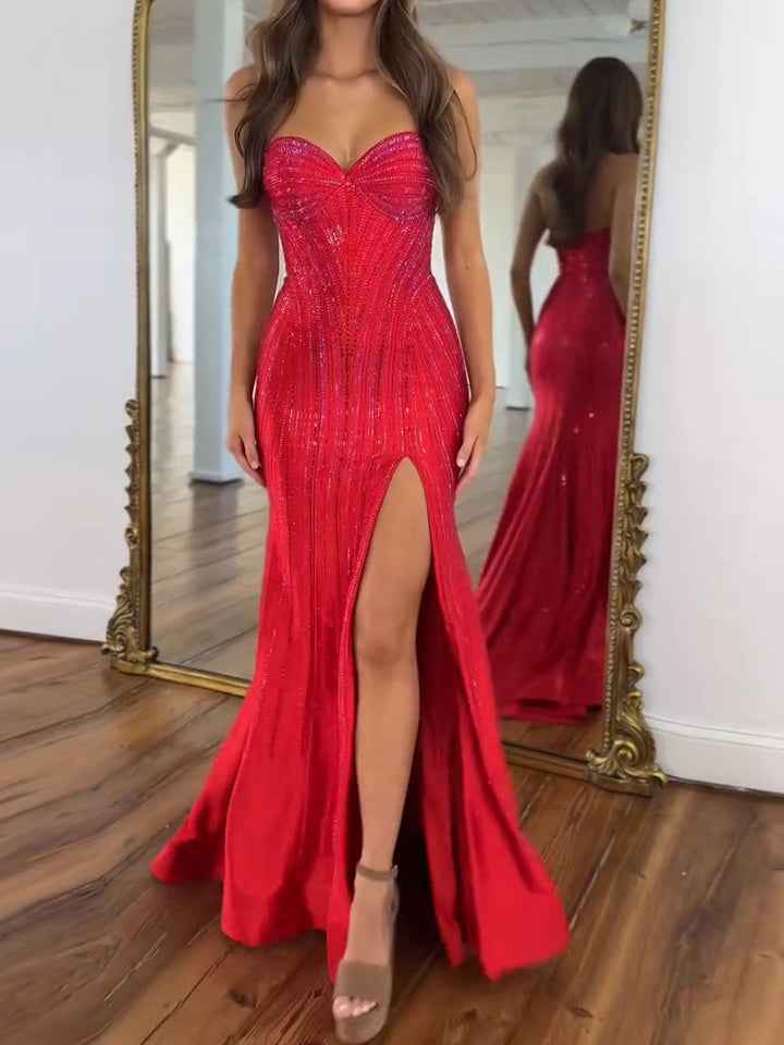 Navy Blue Strapless Sequin Prom Dress with Linear Beading-LLELLA
