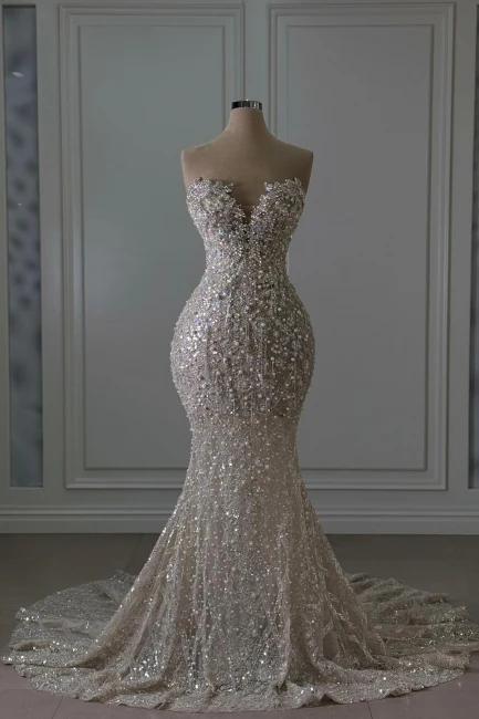 Luxury 2025 New Sweetheart Long Mermaid Sleeveless Beaded Lace Wedding Dresses -LLELLA