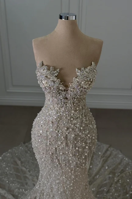 Luxury 2025 New Sweetheart Long Mermaid Sleeveless Beaded Lace Wedding Dresses -LLELLA