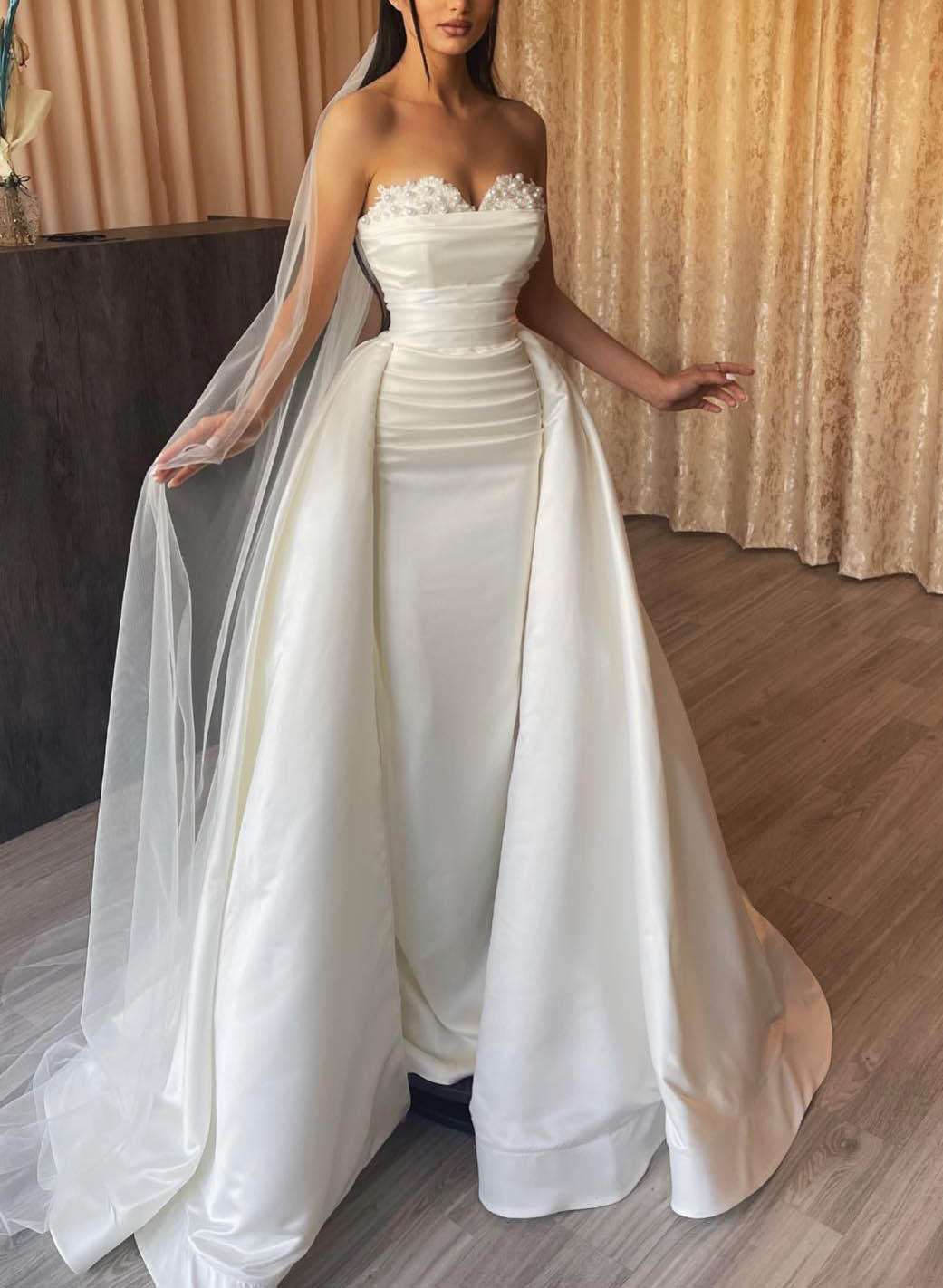 Sheath/Column Off-the-Shoulder Floor-length Lace Wedding Dress Pink