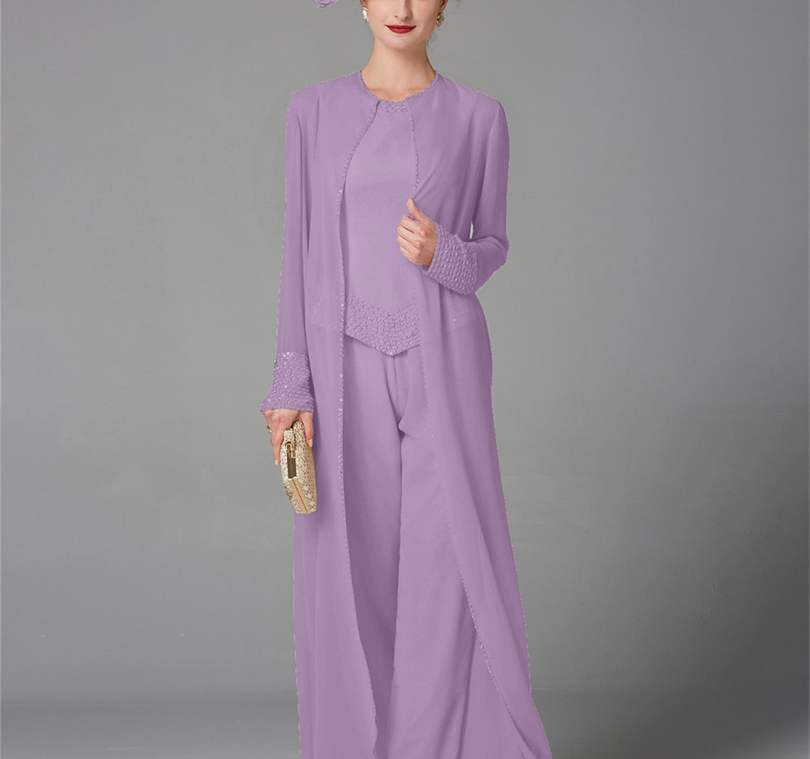 Long-Sleeve Chiffon Mother of the Bride Pantsuit with Jacket and Sequins-LLELLA