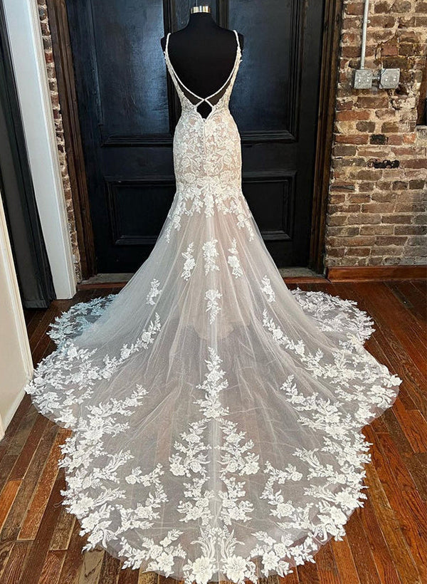 Trumpet/Mermaid V-Neck Floor-length Lace Wedding Dress White