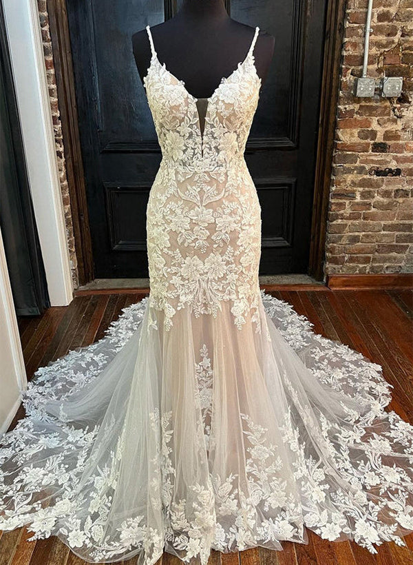 Trumpet/Mermaid V-Neck Floor-length Lace Wedding Dress Ivory
