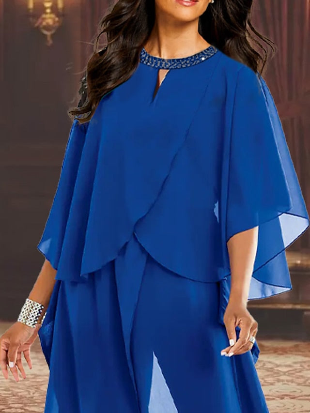 Mother of the Bride Scoop Neck Chiffon Pantsuits-LLELLA