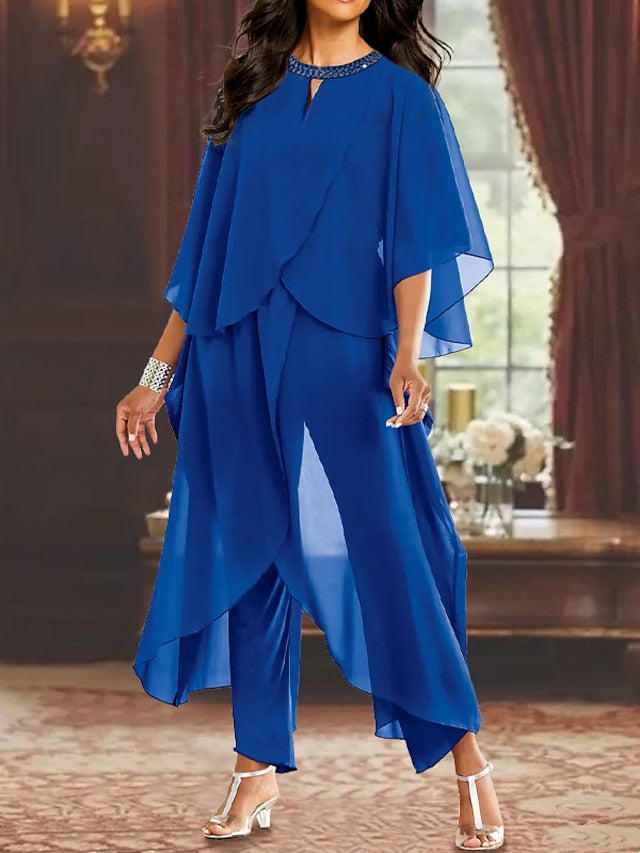 Mother of the Bride Scoop Neck Chiffon Pantsuits-LLELLA