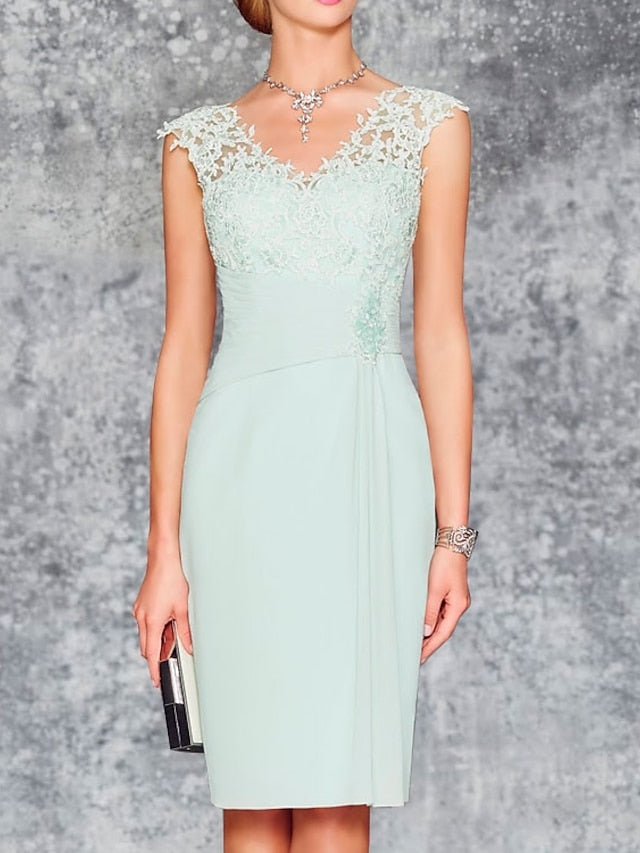 Knee-Length V-Neck Sheath/Column Mother of the Bride Dresses-LLELLA