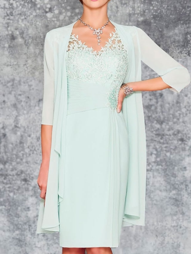 Knee-Length V-Neck Sheath/Column Mother of the Bride Dresses-LLELLA