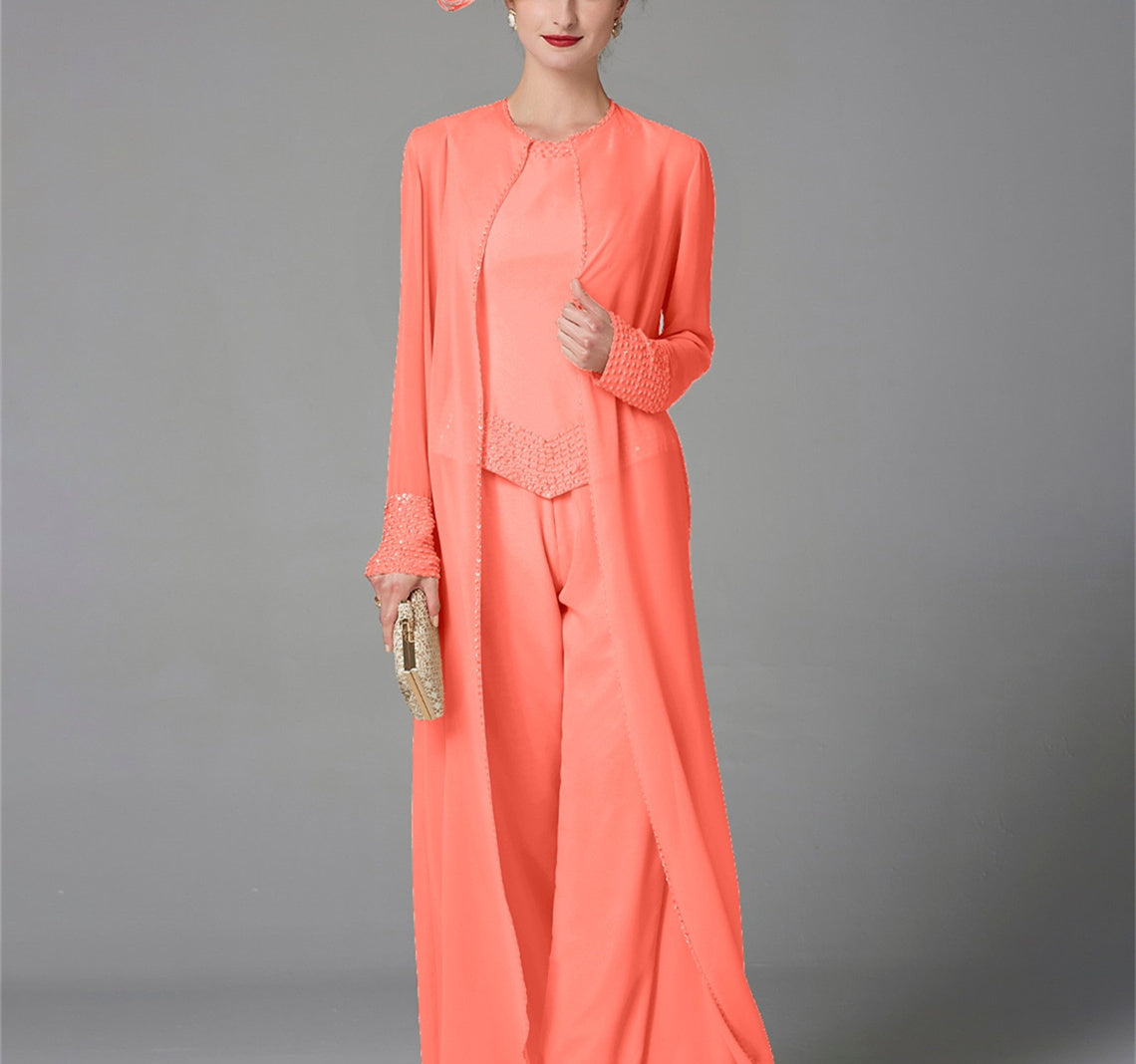 Long-Sleeve Chiffon Mother of the Bride Pantsuit with Jacket and Sequins-LLELLA