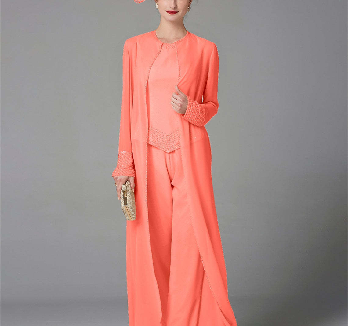 Long-Sleeve Chiffon Mother of the Bride Pantsuit with Jacket and Sequins-LLELLA