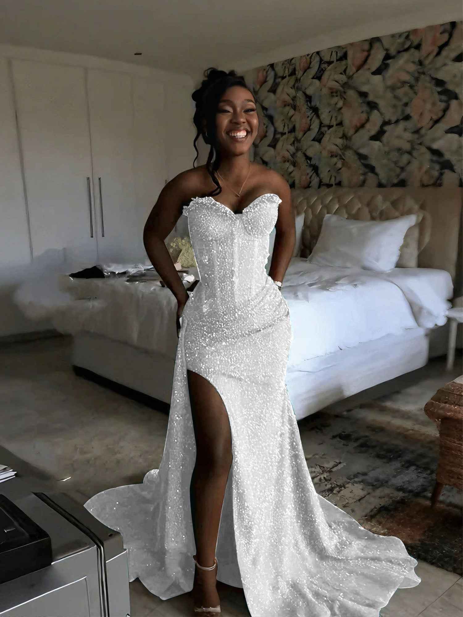 Glitter Strapless Mermaid Sequined Long Prom Dress with Slit-LLELLA
