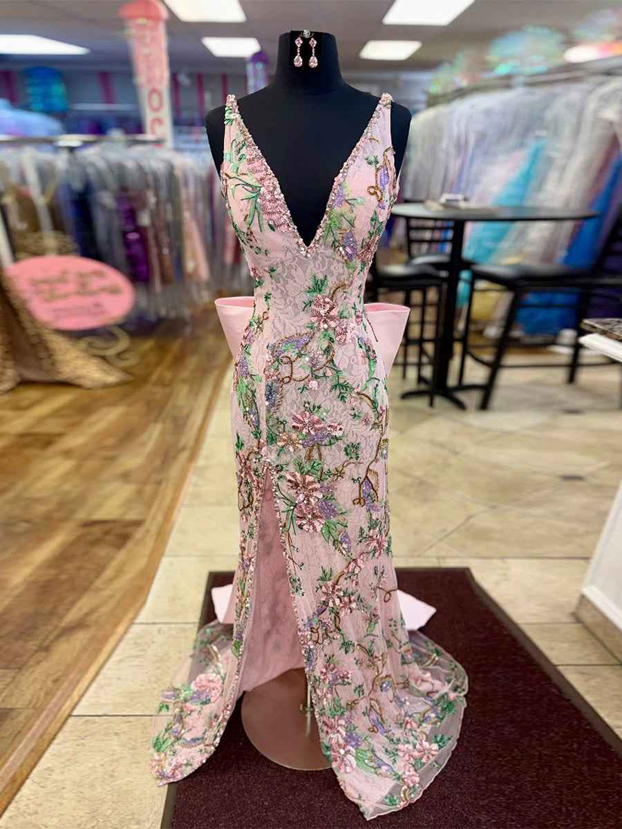 White Floral Embroidered Deep V-Neck Prom Dress with Oversized Bow Train-LLELLA