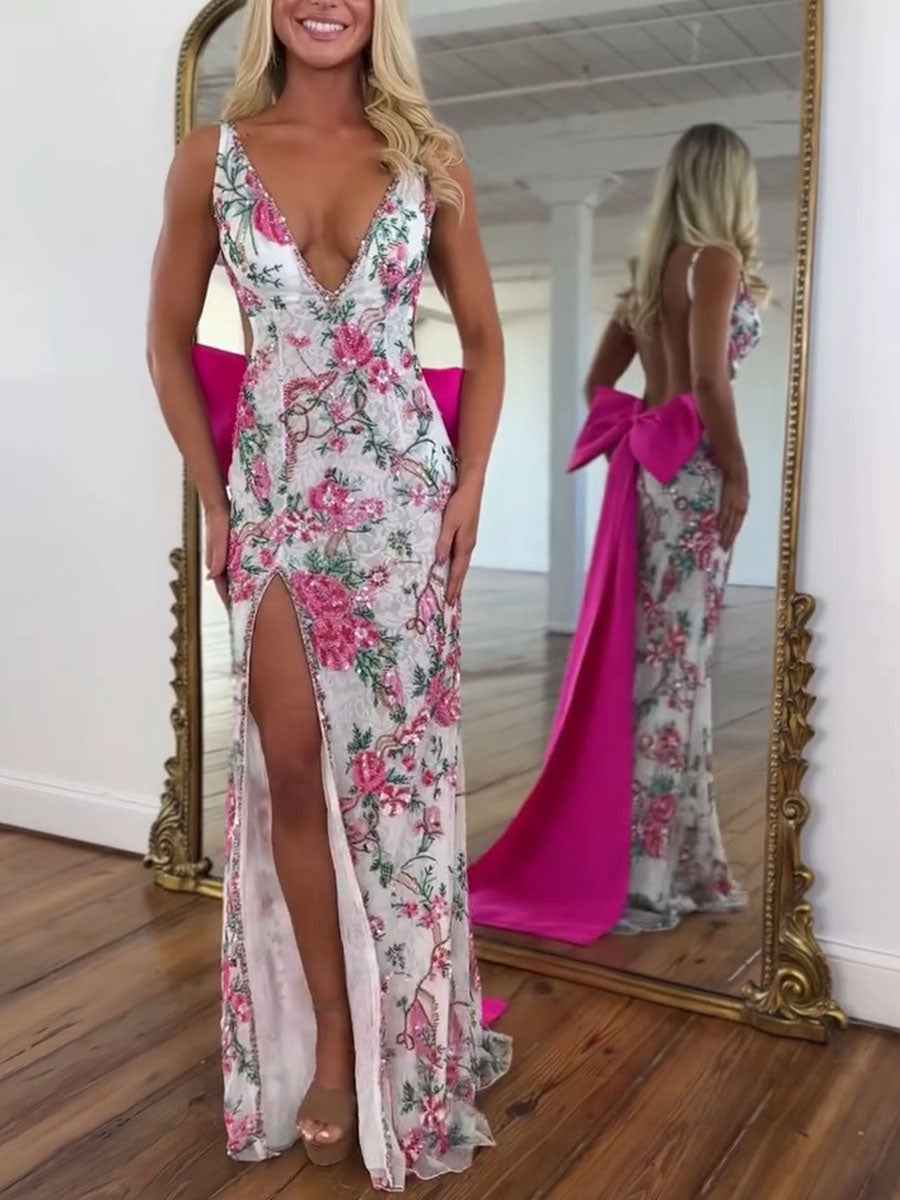 White Floral Embroidered Deep V-Neck Prom Dress with Oversized Bow Train