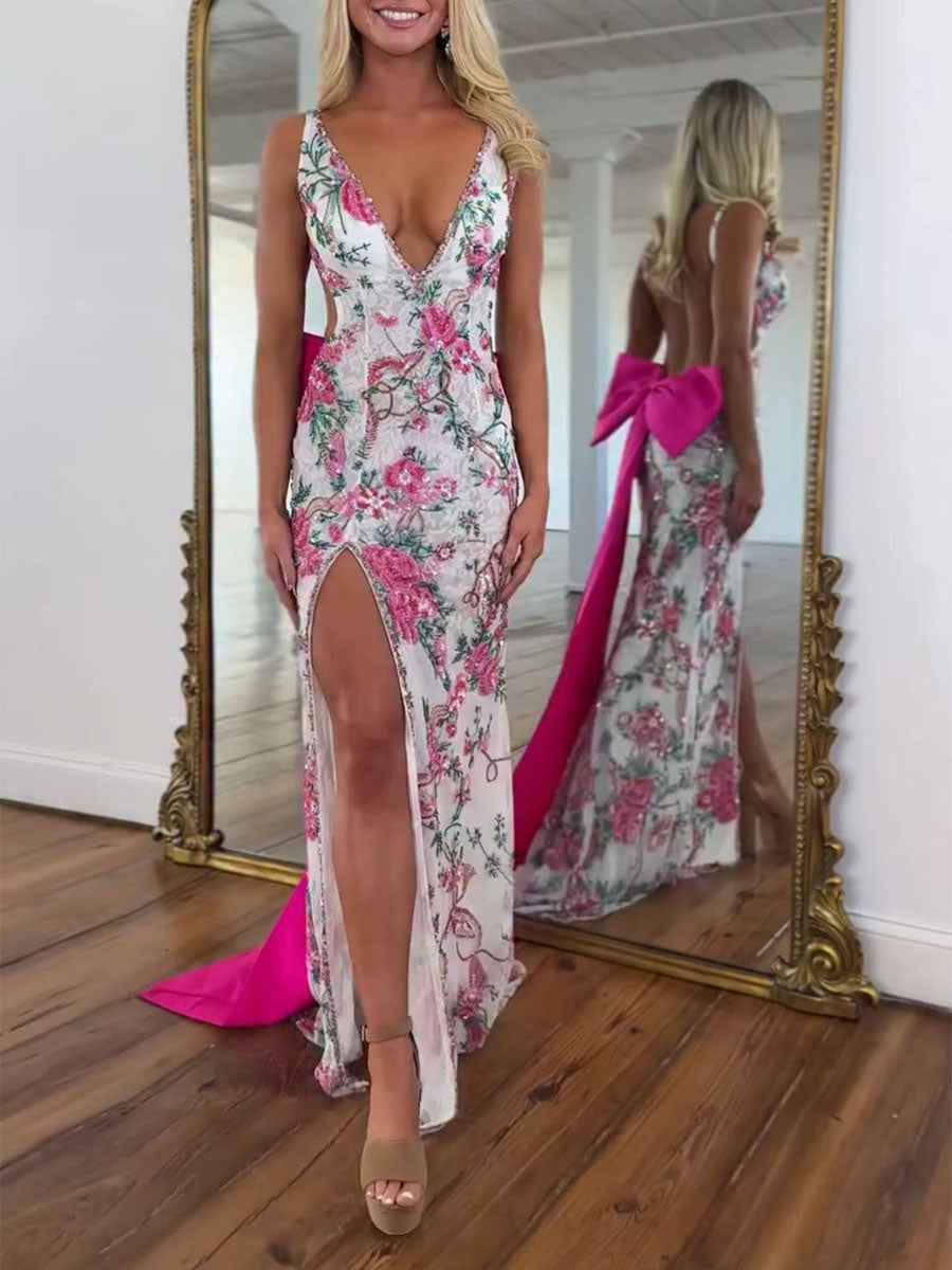 White Floral Embroidered Deep V-Neck Prom Dress with Oversized Bow Train-LLELLA