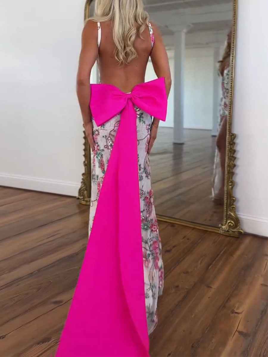 White Floral Embroidered Deep V-Neck Prom Dress with Oversized Bow Train