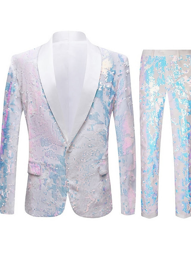 Men's Tailored Fit Single Breasted One-button 2 Pieces Prom Disco Suits White