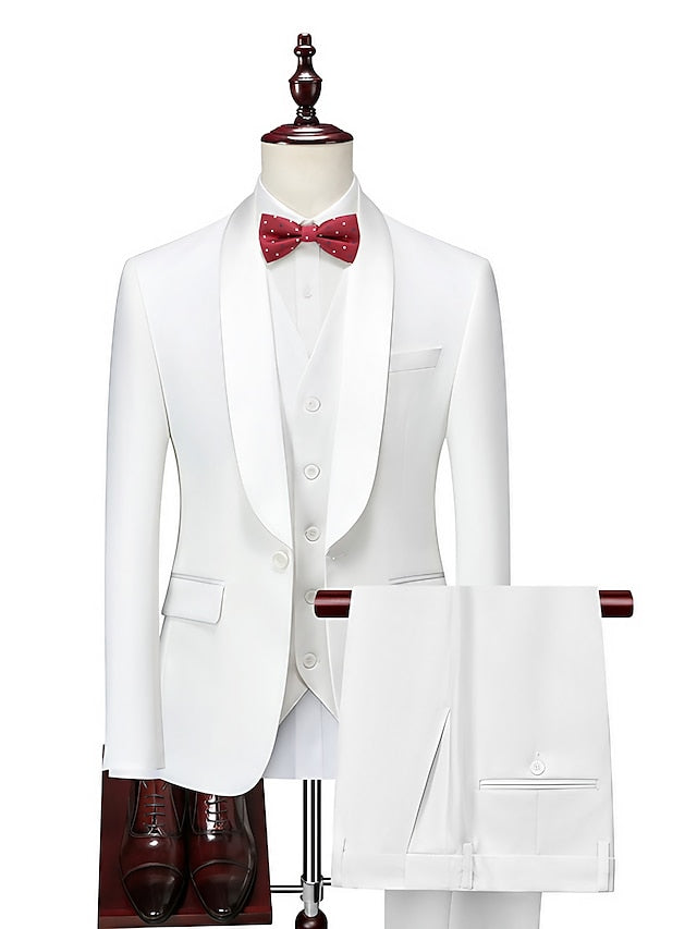 Men's Standard Fit Single Breasted One-button 3 Pieces Wedding Suits White
