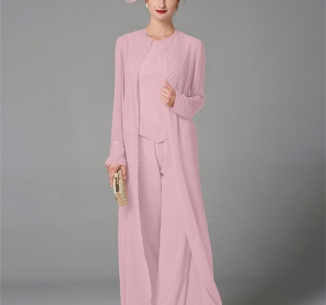 Long-Sleeve Chiffon Mother of the Bride Pantsuit with Jacket and Sequins-LLELLA